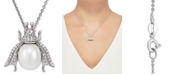 Macy's Cultured Freshwater Pearl (8-1/2mm) & White Topaz (1/4 ct. t.w.) Insect 17" Pendant Necklace in Sterling Silver